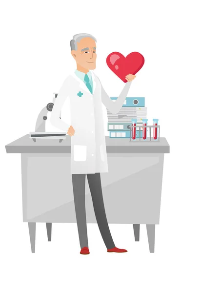 Cardiologue caucasien tenant un grand cœur rouge . — Image vectorielle