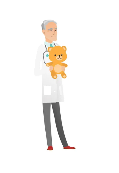 Ανώτερος Παιδίατρος Καυκάσιος κρατώντας αρκουδάκι. — Διανυσματικό Αρχείο