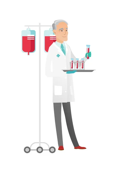 Assistante de laboratoire analysant le sang dans une éprouvette . — Image vectorielle