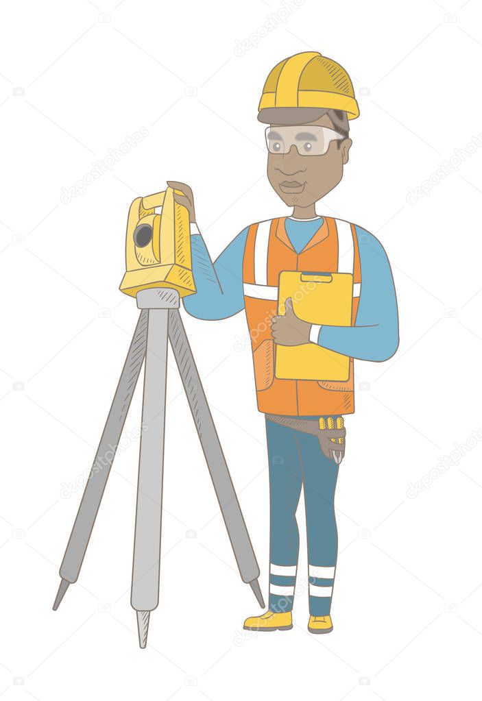 African surveyor builder working with theodolite.