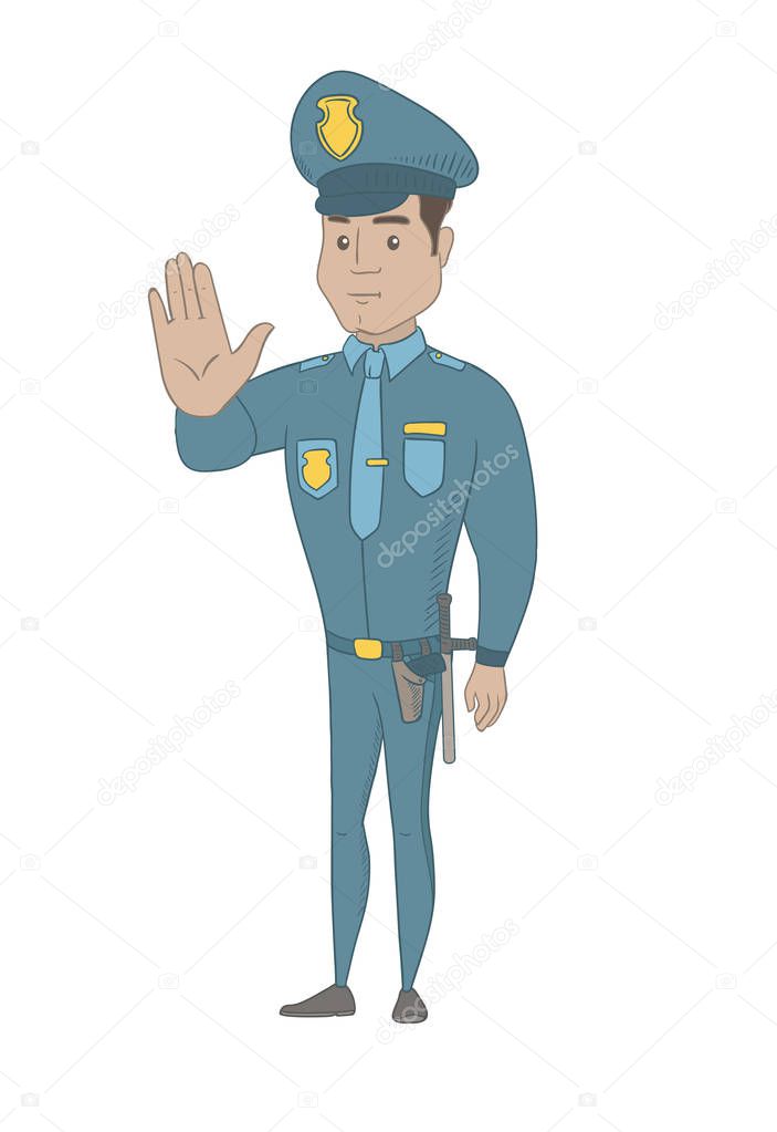 Hispanic policeman showing stop hand gesture.