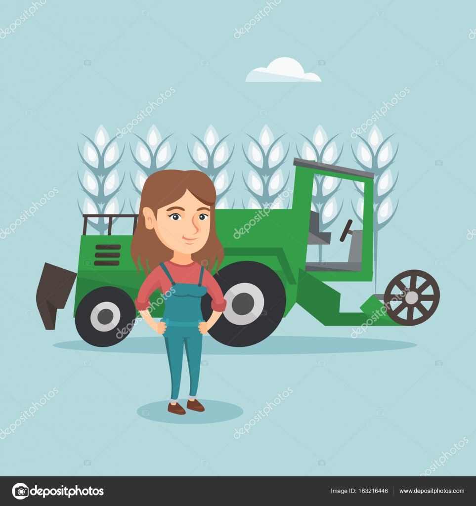 Agricultor de pé no fundo de combinar . Vetor de ©VisualGeneration 163216446, image size:963x1024