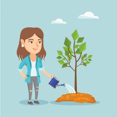 Bir ağaç sulama genç Kafkas kadın.