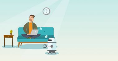 Genç Beyaz mühendisi bir robot programlama.