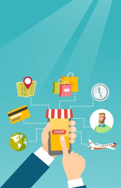Simgeler alışveriş ile telefon holding eller bağlı.