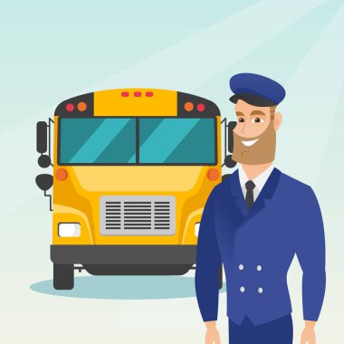 Genç Beyaz okul otobüsü sürücüsü.