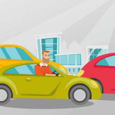 Araba içinde sinirli beyaz adam trafik sıkışıklığı içinde sıkışmış.