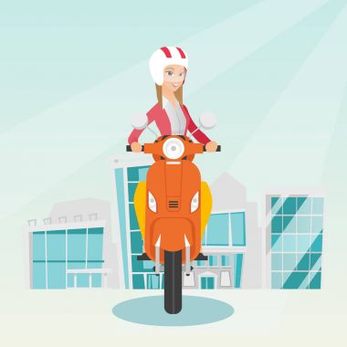 Beyaz kadın bir scooter sürme.