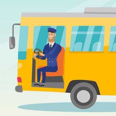 Direksiyon direksiyon başında oturan beyaz veri yolu sürücüsü.