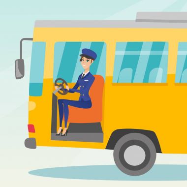 Direksiyon direksiyon başında oturan beyaz veri yolu sürücüsü.