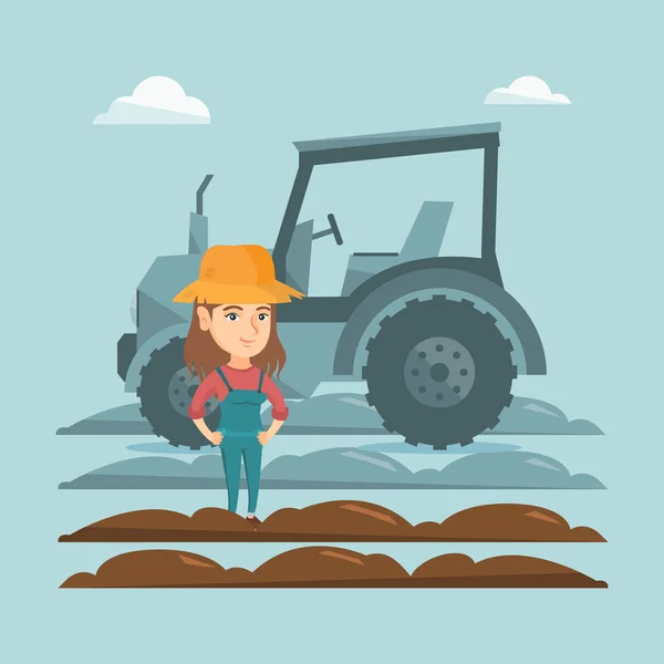 Agricoltore in piedi sullo sfondo del trattore . — Vettoriale Stock