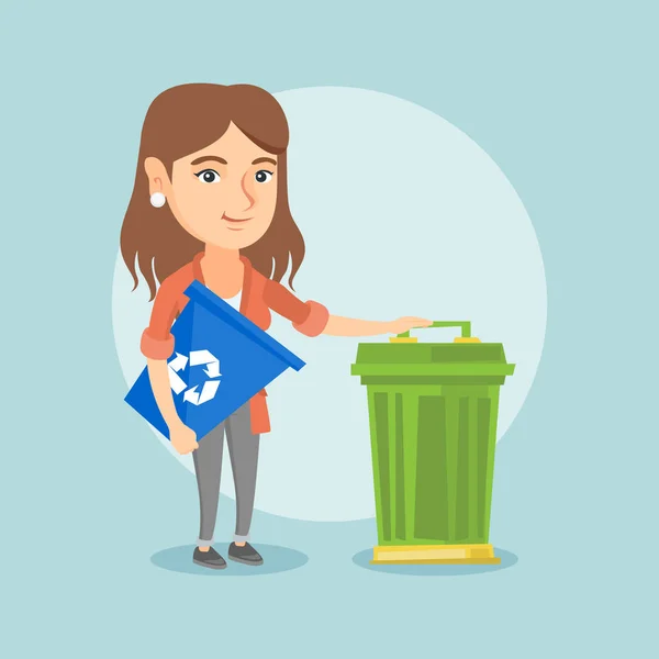 Caucasian woman with recycle bin and trash can. — Stock Vector