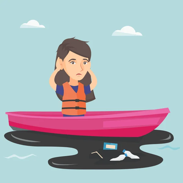 Νεαρή γυναίκα που επιπλέει σε μια βάρκα στο μολυσμένο νερό. — Διανυσματικό Αρχείο