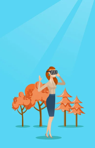 Γυναίκα που φοράει το σετ κεφαλής εικονικής πραγματικότητας στο πάρκο. — Διανυσματικό Αρχείο