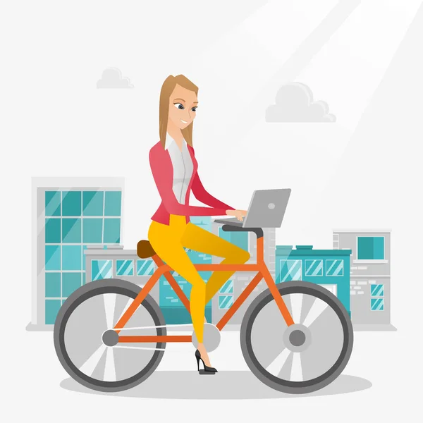 Mujer de negocios montando una bicicleta con un ordenador portátil . — Vector de stock