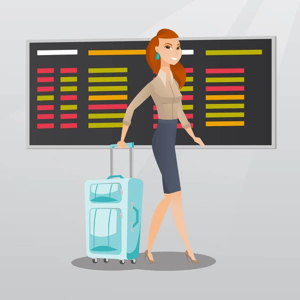 Καυκάσιος γυναίκα που περπατά με βαλίτσα στο αεροδρόμιο. — Διανυσματικό Αρχείο
