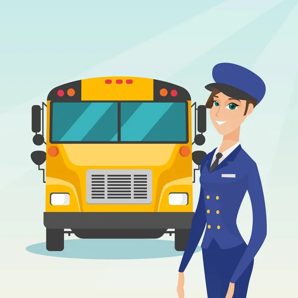 Joven caucásico conductor de autobús escolar femenino . — Vector de stock