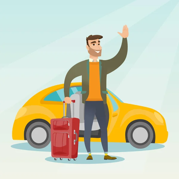 Young caucasian man waving in front of car. — Stock Vector