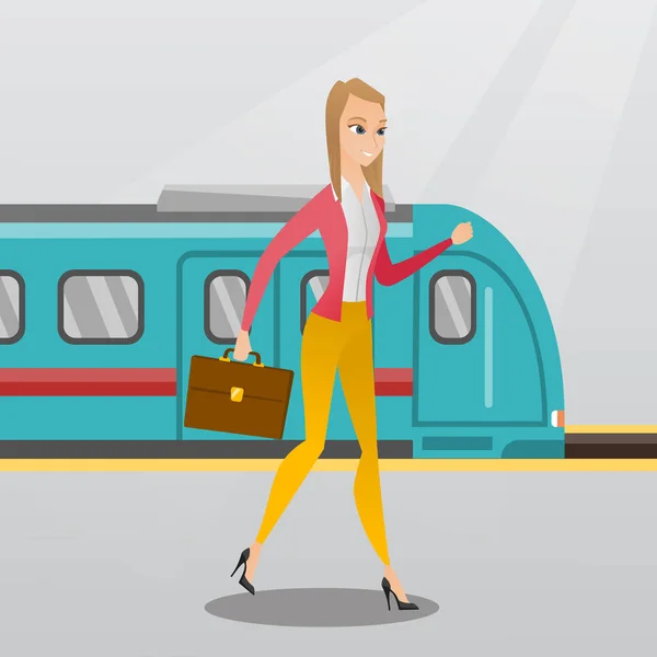 Bir tren istasyonu platformu üzerinde yürüyen genç kadın. — Stok Vektör
