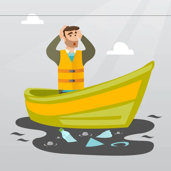 Man floating in a boat in polluted water. — Stock Vector