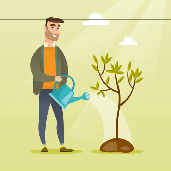 Homme arrosage arbre vecteur illustration . — Image vectorielle