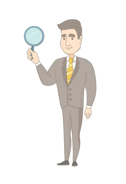 Young caucasian businessman with magnifying glass. — Stock Vector