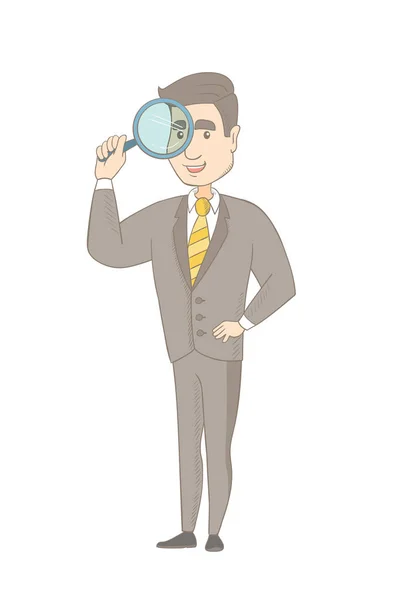 Young caucasian businessman with magnifying glass. — Stock Vector