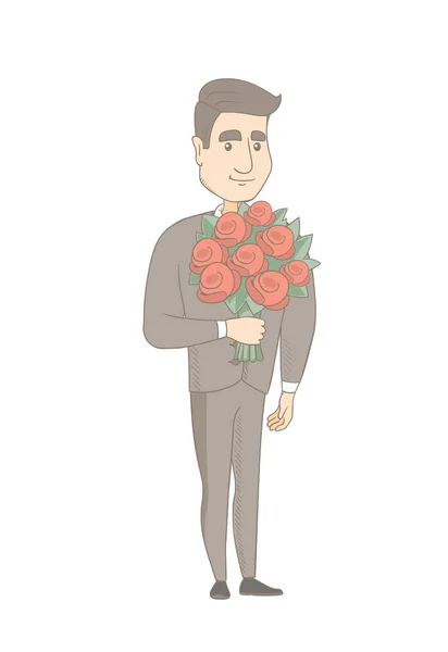 Hombre de negocios caucásico sosteniendo ramo de flores . — Vector de stock