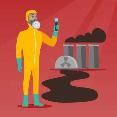 Test tüpü ile radyasyon koruyucu kıyafetli adam.
