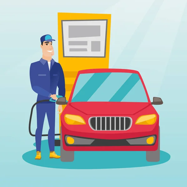 Trabajador llenando combustible en el coche en la gasolinera — Vector de stock