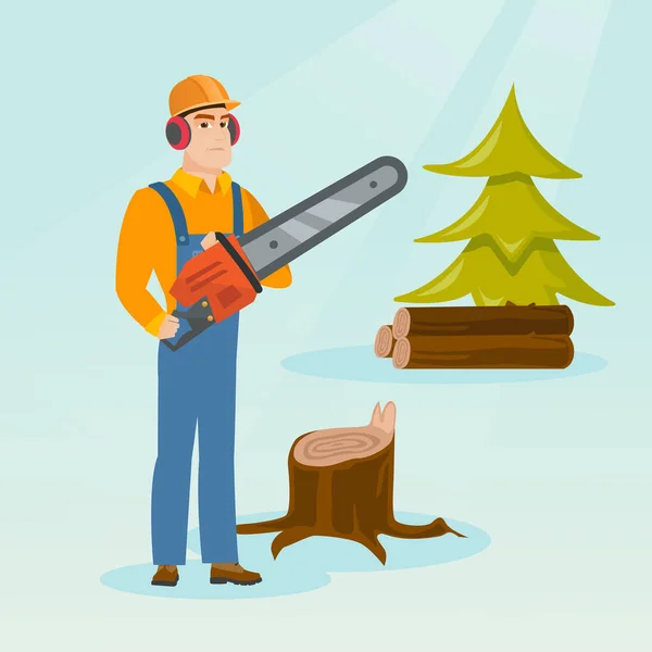Lumberjack com ilustração vetorial de motosserra . — Vetor de Stock
