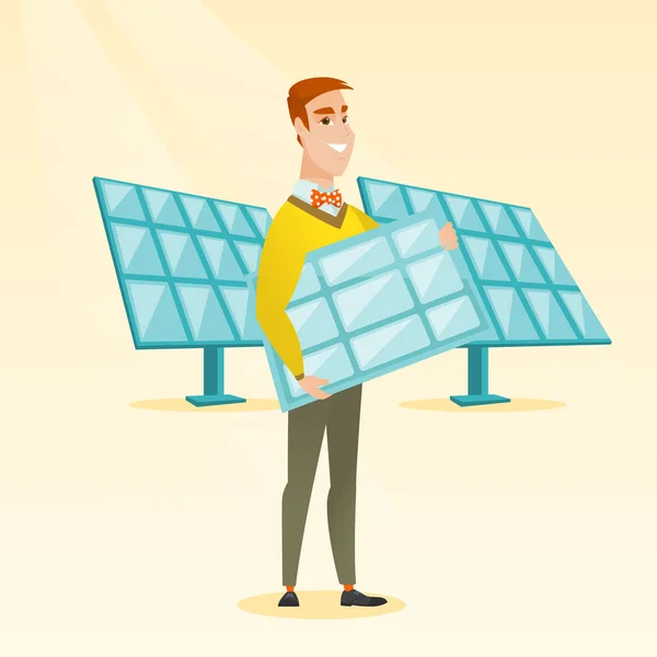 Mann hält Solarmodul Vektor Illustration. — Stockvektor