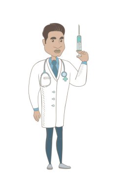 Genç İspanyol doktor holding şırınga.