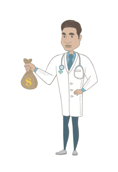 Jeune médecin hispanique tenant un sac d'argent . — Image vectorielle