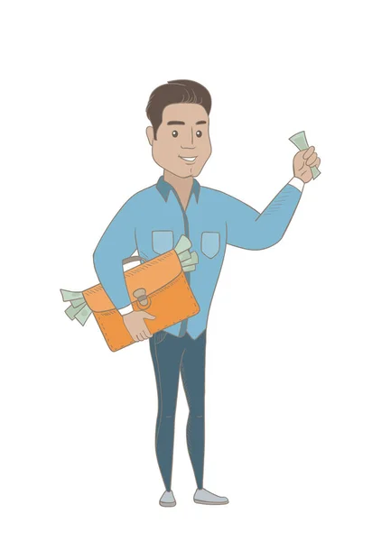 Homme d'affaires hispanique avec mallette pleine d'argent — Image vectorielle