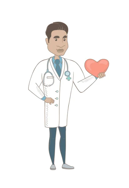 Hispanic cardioloog houden een grote rode hart. — Stockvector