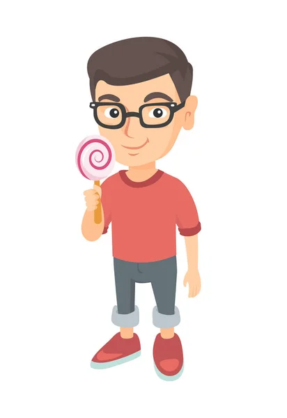 Petit garçon caucasien tenant un bonbon sucette . — Image vectorielle