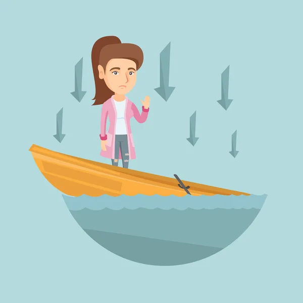 Caucasian business woman standing in sinking boat. — Stock Vector