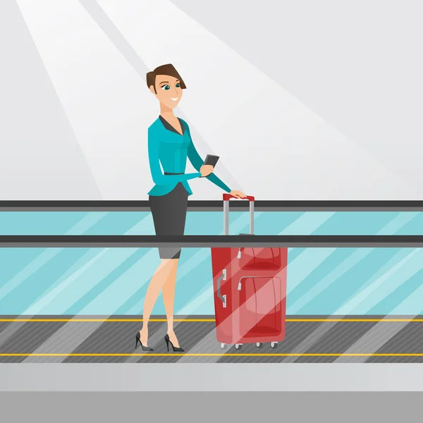 Mulher usando smartphone na escada rolante no aeroporto — Vetor de Stock
