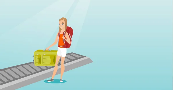 Femme ramassant valise de bande transporteuse . — Image vectorielle