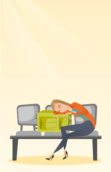 Tired woman sleeping on suitcase at the airport. — Stock Vector