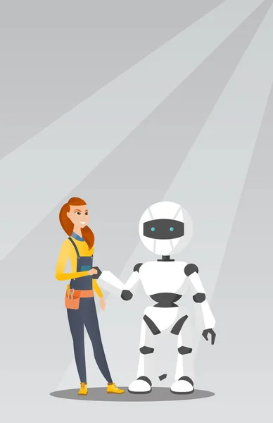 Jeune femme caucasienne poignée de main avec robot . — Image vectorielle