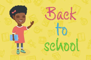 Bir kitap ve elini sallayarak kız öğrenci.