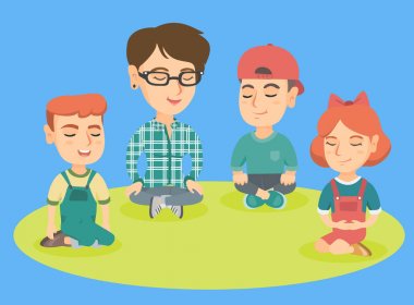 Anaokulu öğretmeni ve meditasyon çocuklar.