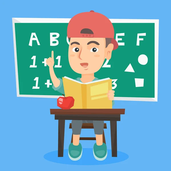 Pupil sitting at the desk and pointing finger up. — Stock Vector