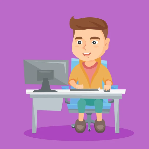 Caucasian schoolboy working on a computer at home. — Stock Vector