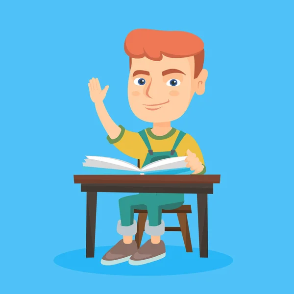 Pupil raising hand while sitting at the desk. — Stock Vector