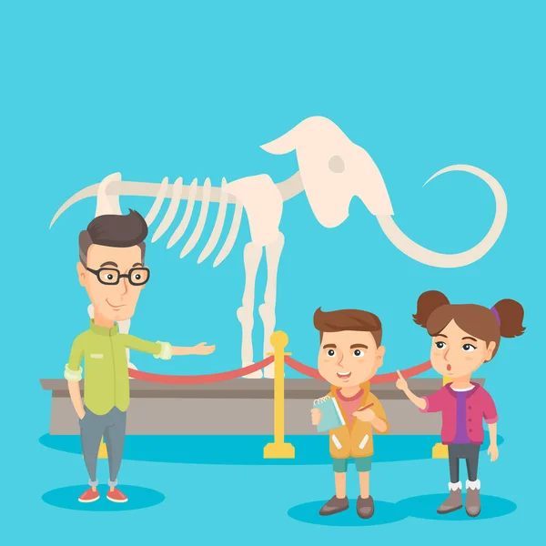 Kinder mit einem Lehrer beim Studium eines Skeletts im Museum. — Stockvektor