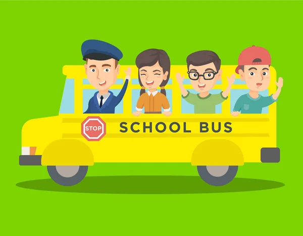 黄色のスクールバスに乗って白人の生徒. — ストックベクタ