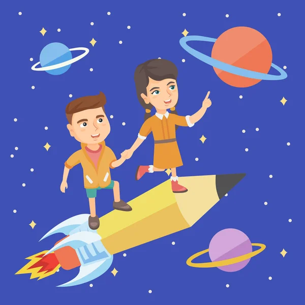Crianças montando um lápis em forma de um ônibus espacial — Vetor de Stock